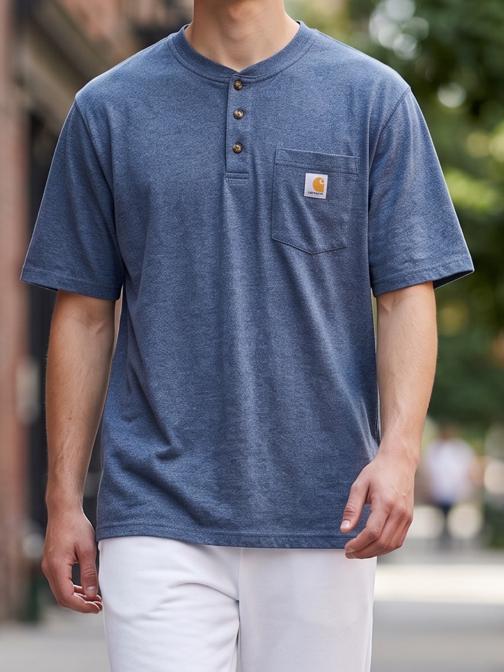 Carhartt Blue Short-Sleeve Henley with Pocket Logo